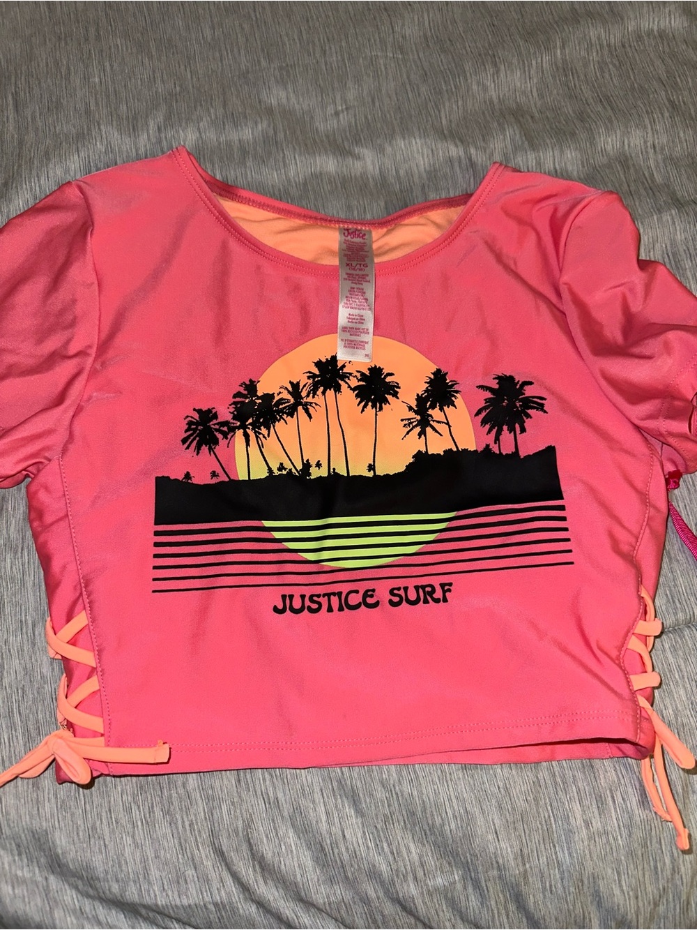 Justice Pink and Peach Palm Tree Sunset Kids Swim Top